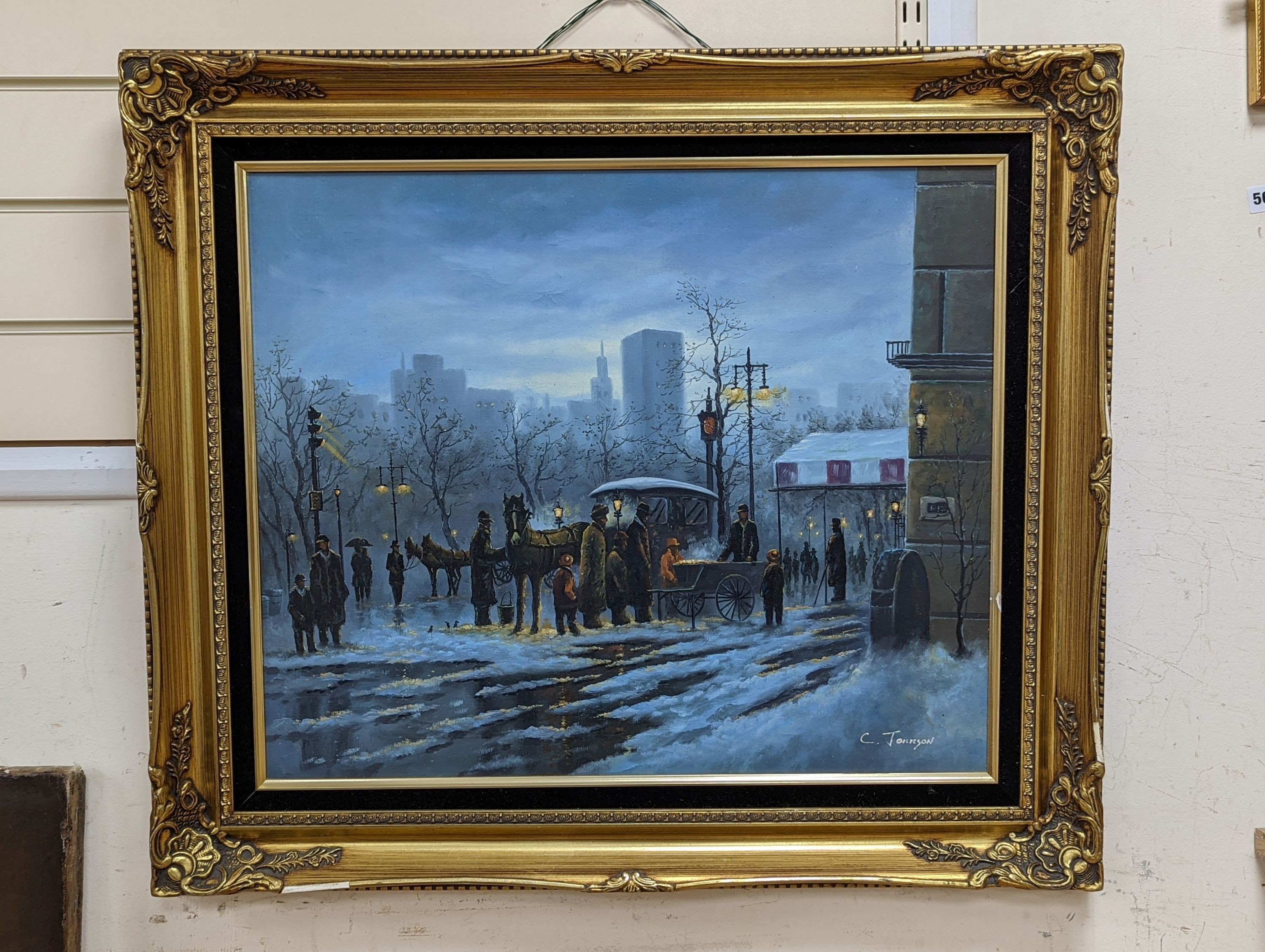 C. Jonnson, oil on canvas, Street market in winter, signed, 50 x 60cm